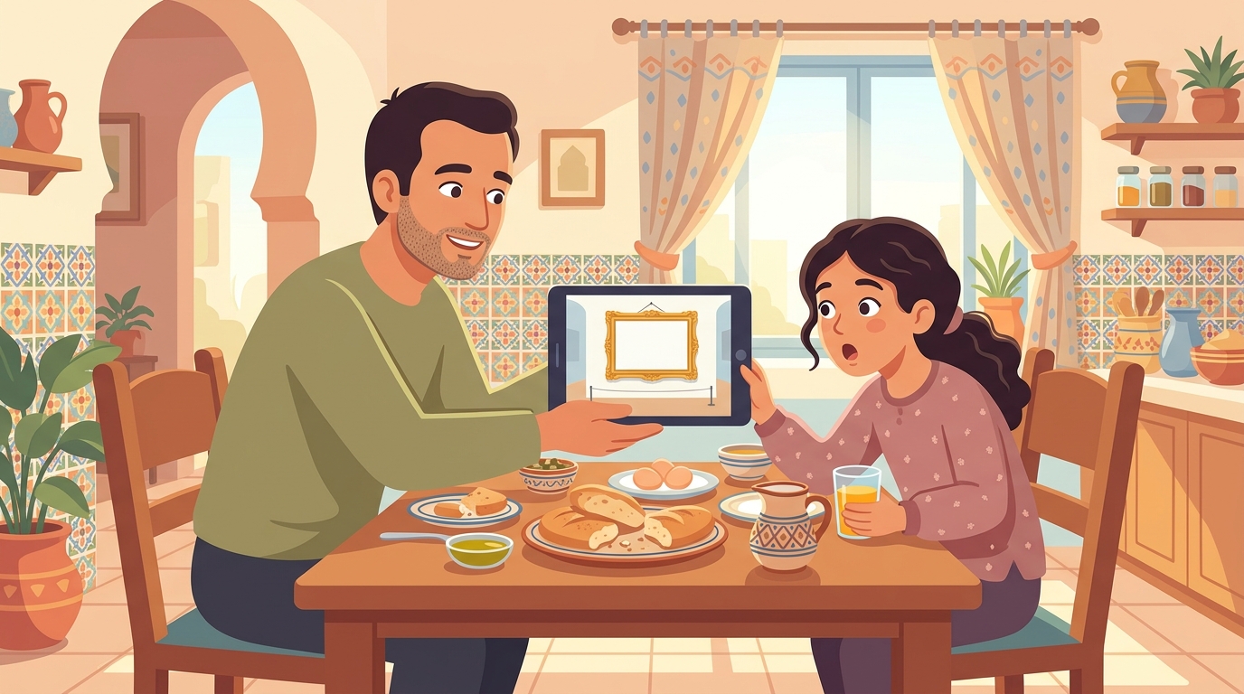 Au petit-déjeuner, Papa montre à Lina sur la tablette un cadre doré vide au musée ; Lina est surprise